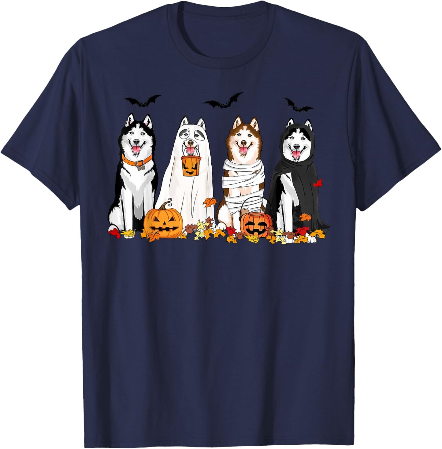 Siberian Husky Dogs Ghost Witch Mummy Halloween Pumpkins T-Shirt - T-Shirt | Navy