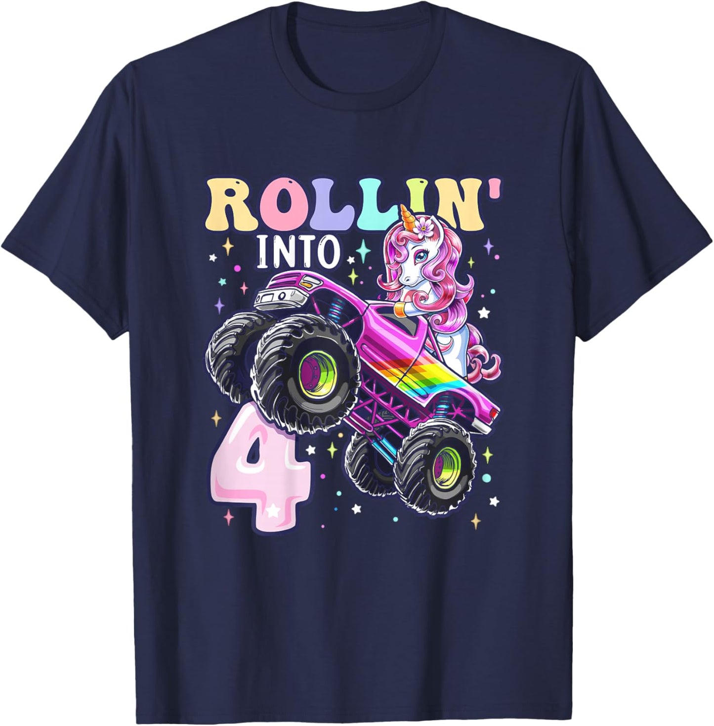 Unicorn Monster Truck 4th Birthday 4 Year Old Girls Party T-Shirt - T-Shirt | Navy