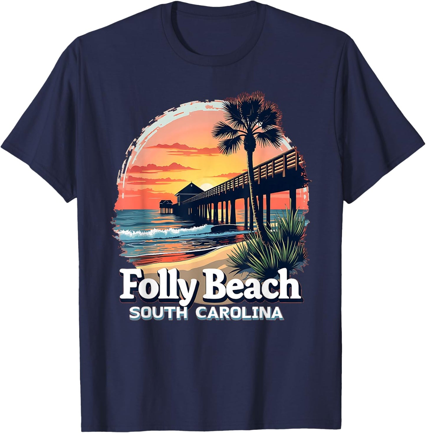 Scenic Sunset Beach Vacation Folly Beach South Carolina T-Shirt - T-Shirt | Navy