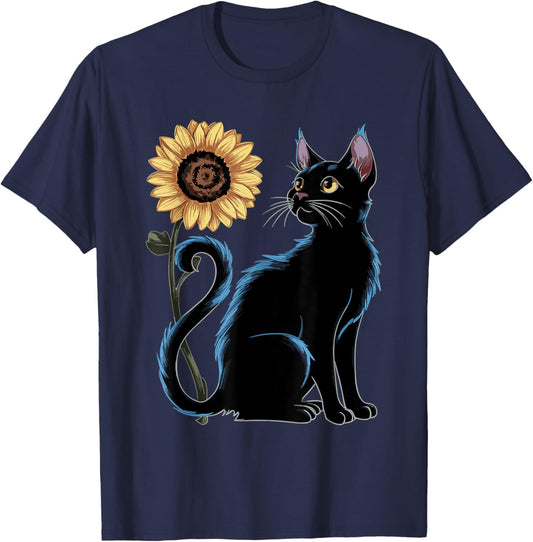 Cat Sunflower Lovers Cat T-Shirt - T-Shirt | Navy