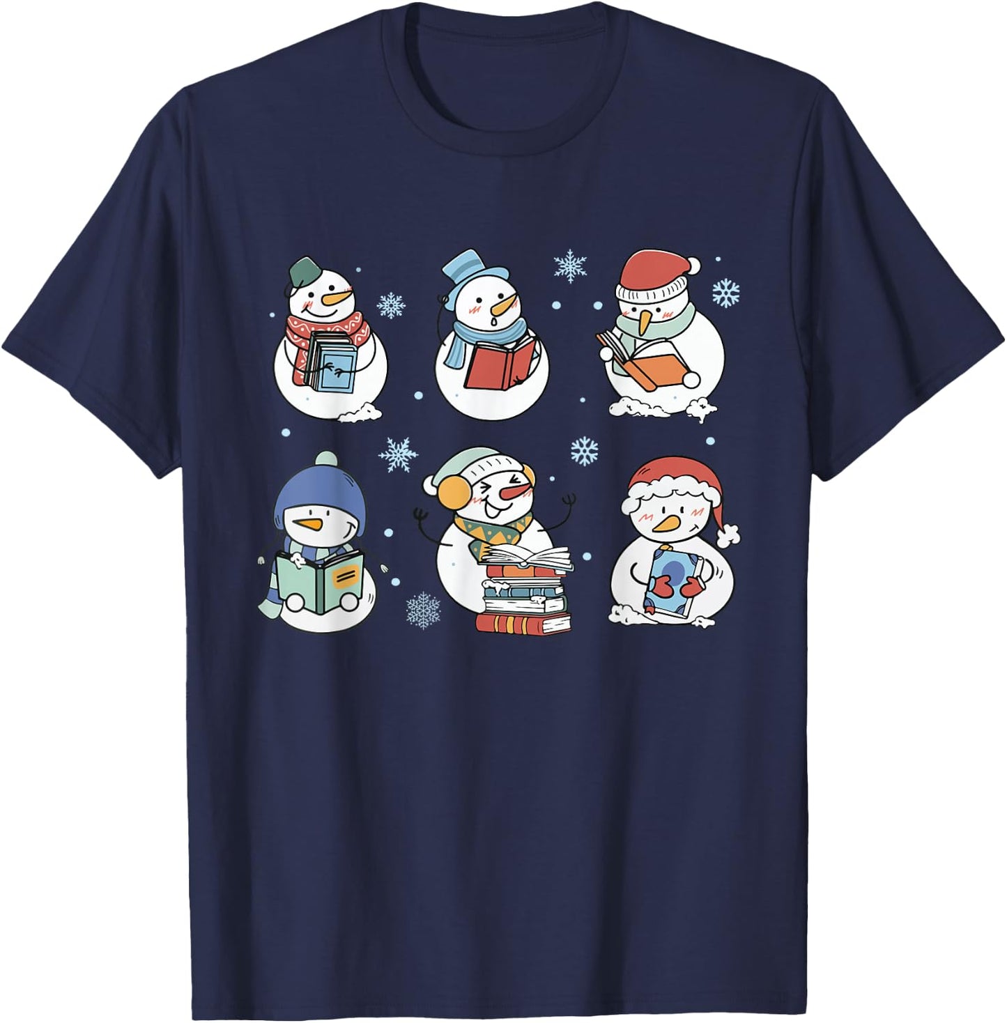 Snowman Reading Book Christmas Club Lover Bookish Librarian T-Shirt - T-Shirt | Navy