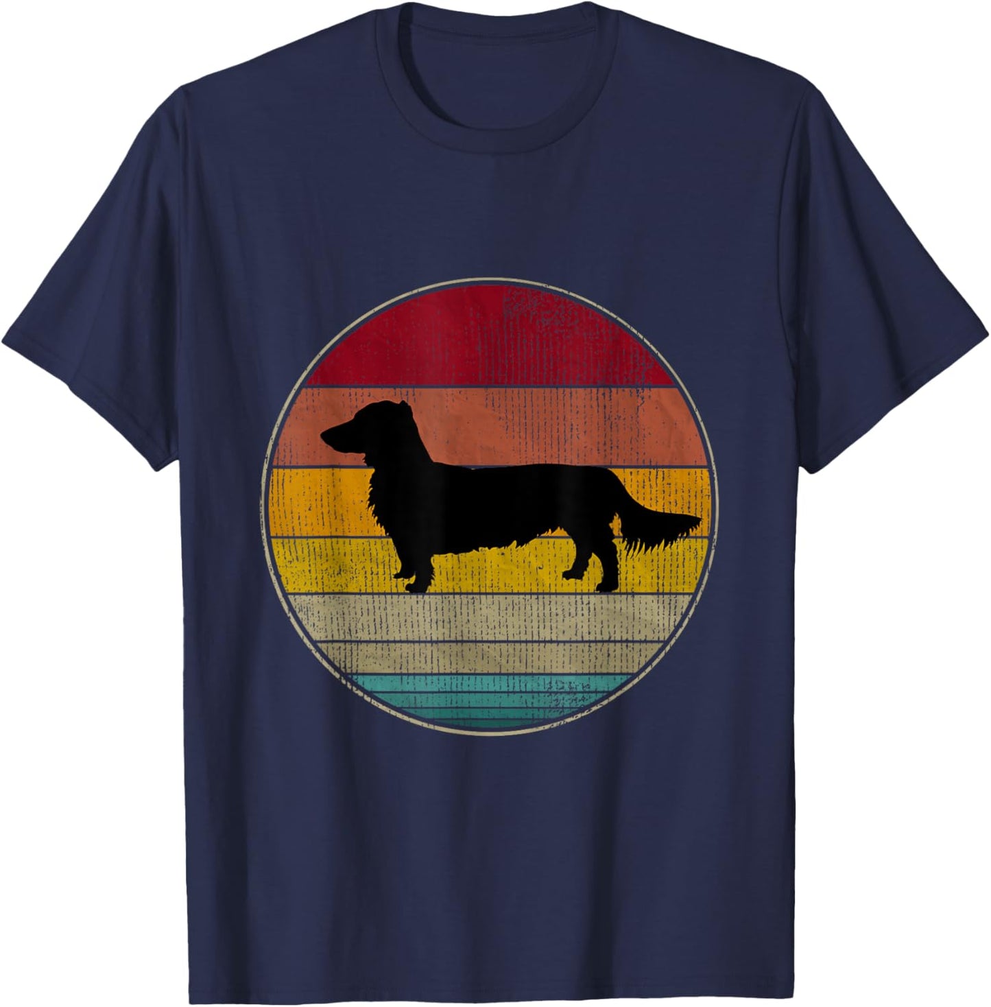 Long Haired Dachshund Dog Silhouette Pet Lover Vintage Retro T-Shirt - T-Shirt | Navy