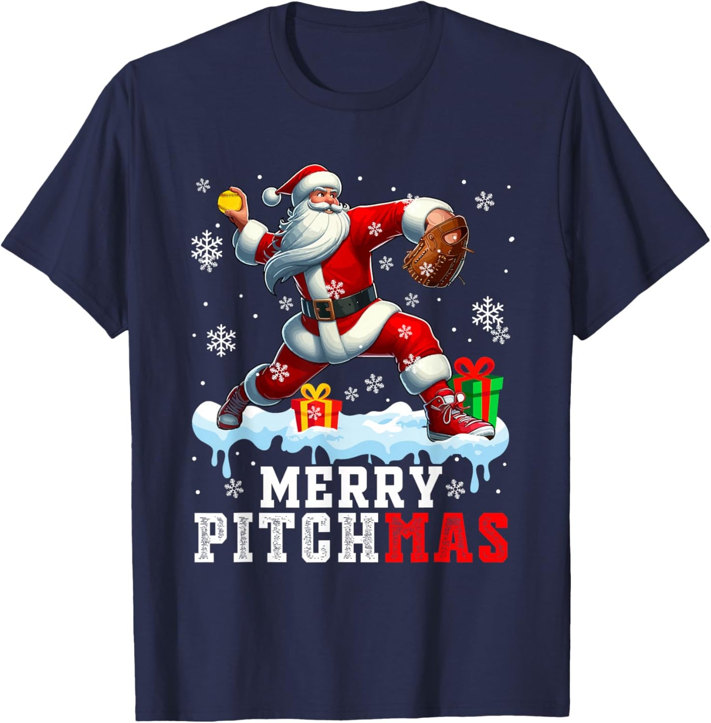 Merry Pitchmas Christmas Santa Pitcher Playing Softball T-Shirt - T-Shirt | Navy