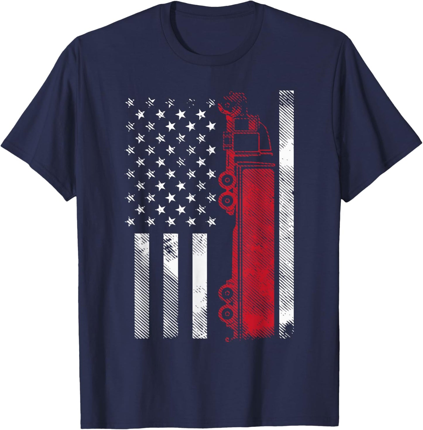 US American Flag Semi Truck Driver 18 Wheeler Trucker Gift Short Sleeve T-Shirt - T-Shirt | Navy