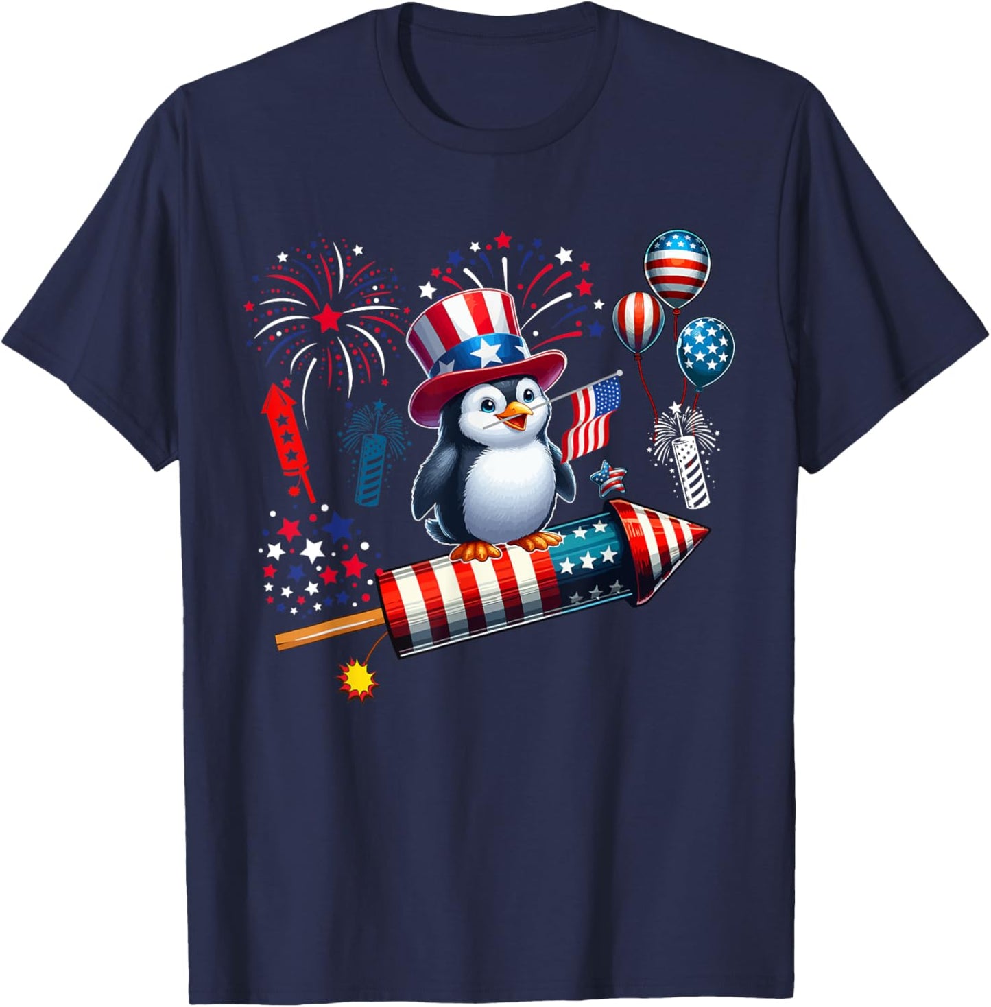 Penguin Riding Firecracker 4th Of July Bird Proud Flag T-Shirt - T-Shirt | Navy