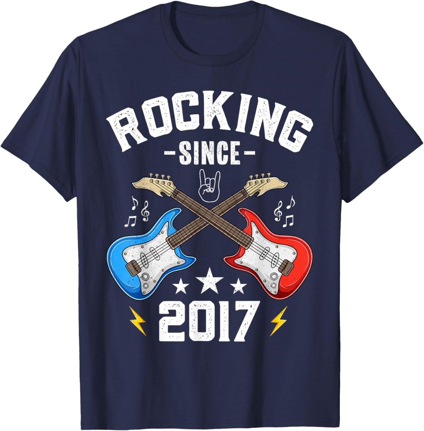 8 Year Old Rocking Since 2017 Guitar 8th Birthday T-Shirt - T-Shirt | Navy