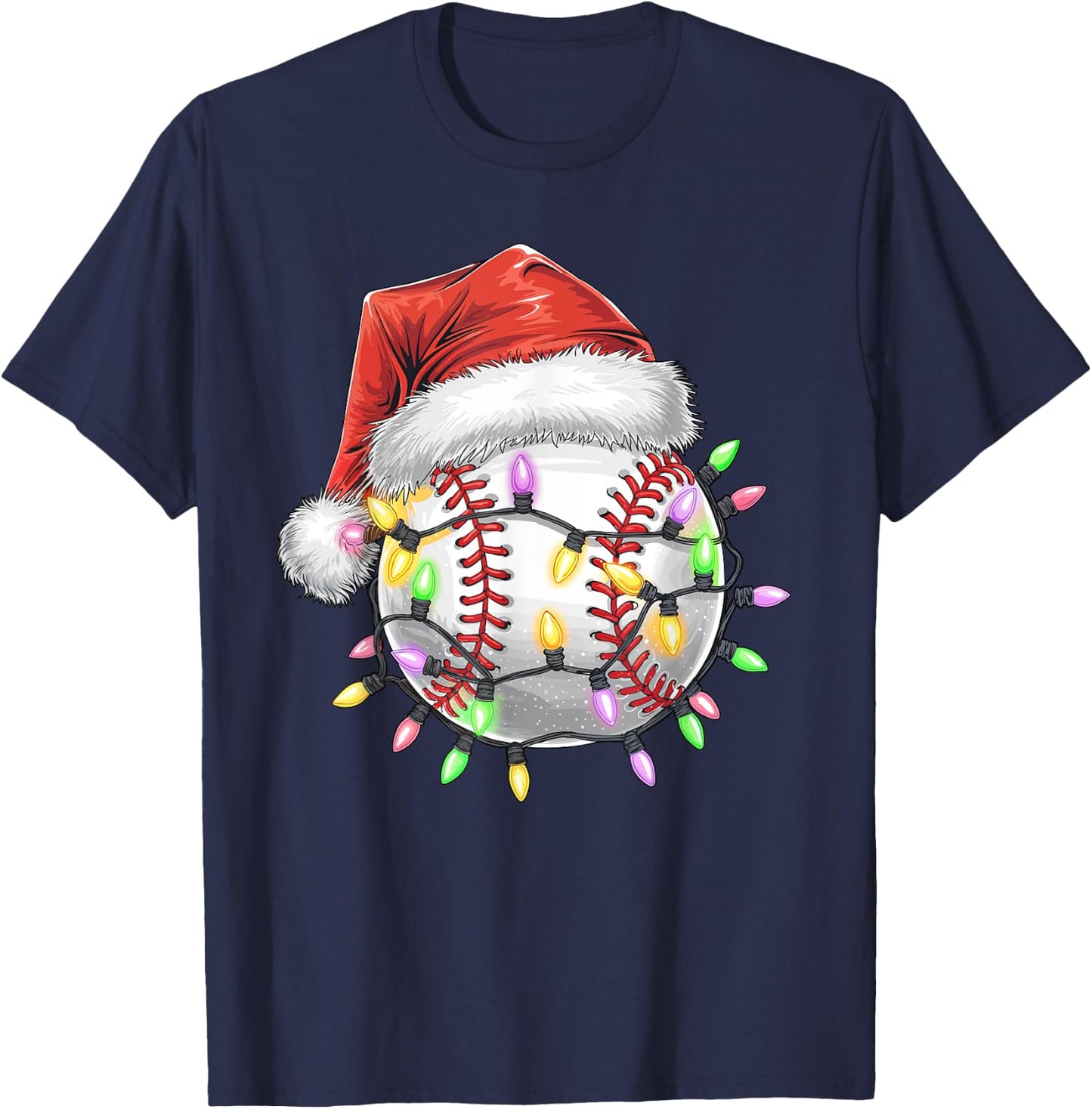 Baseball Christmas Lights Men Boys Youth Santa Sports T-Shirt - T-Shirt | Navy