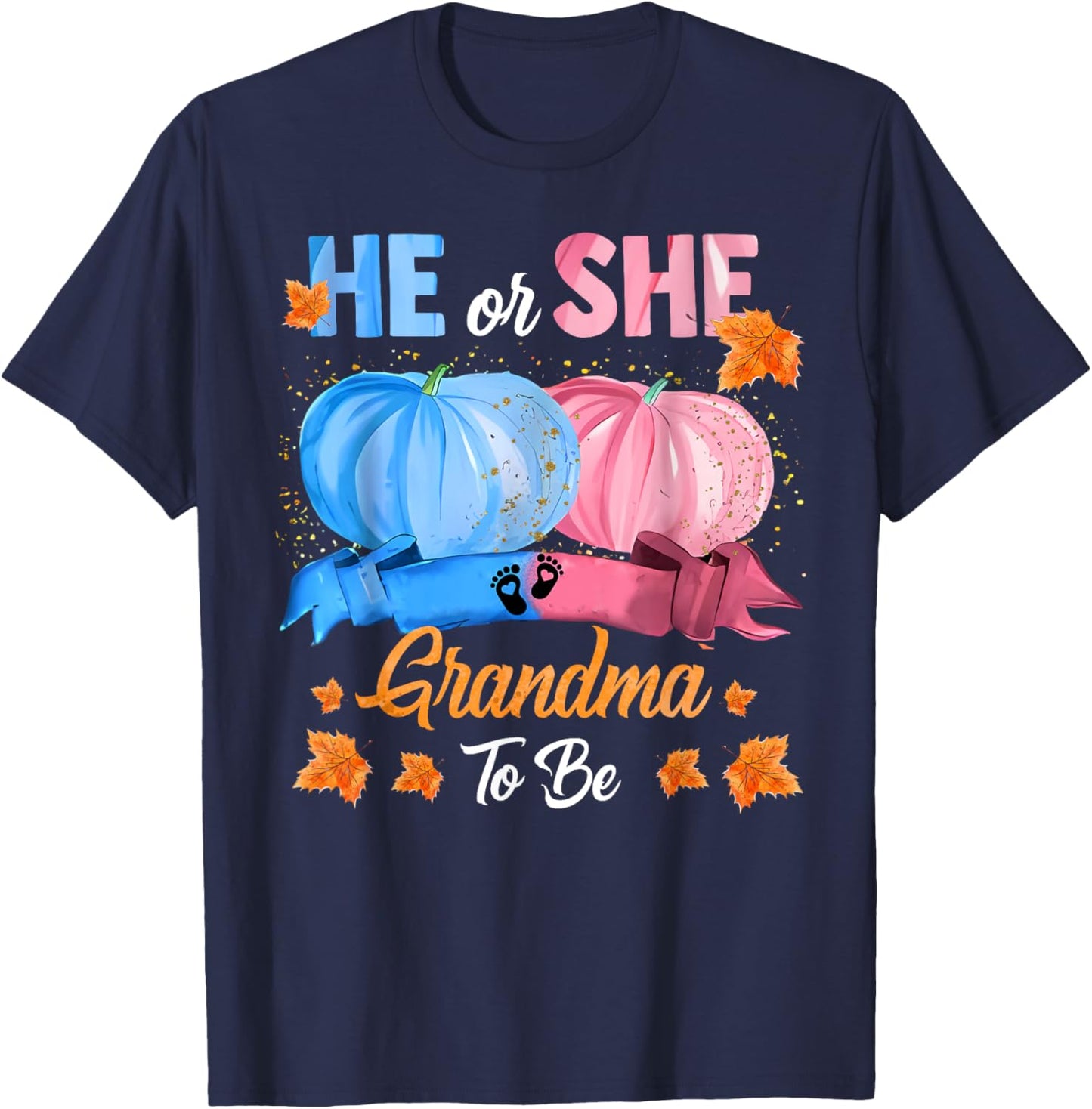 Halloween Pumpkin Gender Reveal He or She Grandma To Be T-Shirt - T-Shirt | Navy