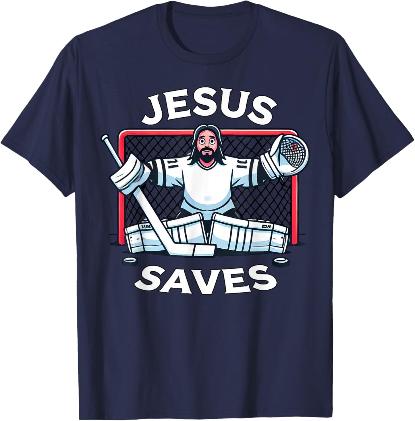 Funny Hockey Jesus Saves Goalie Sports Humor T-Shirt - T-Shirt | Navy