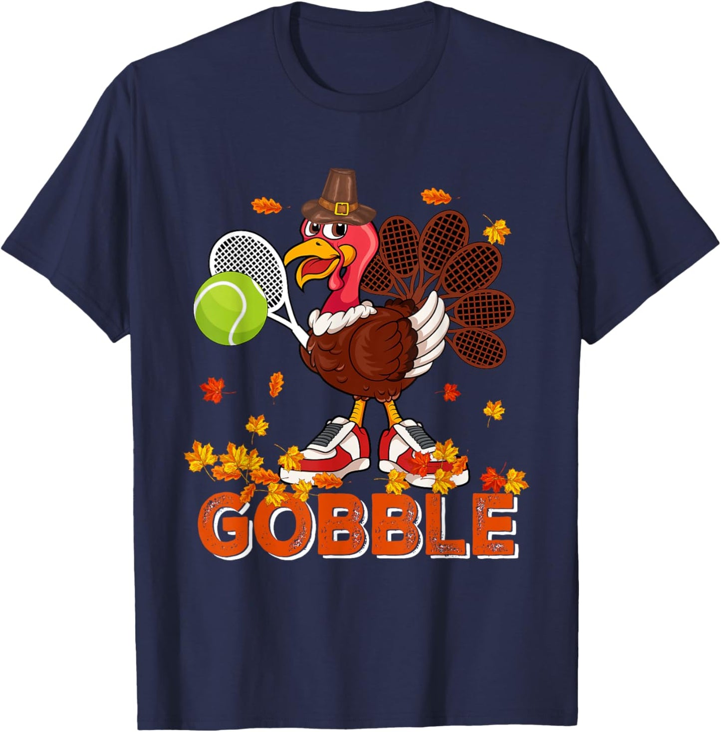 Vintage Gobble Thanksgiving Turkey Playing Tennis Player T-Shirt - T-Shirt | Navy
