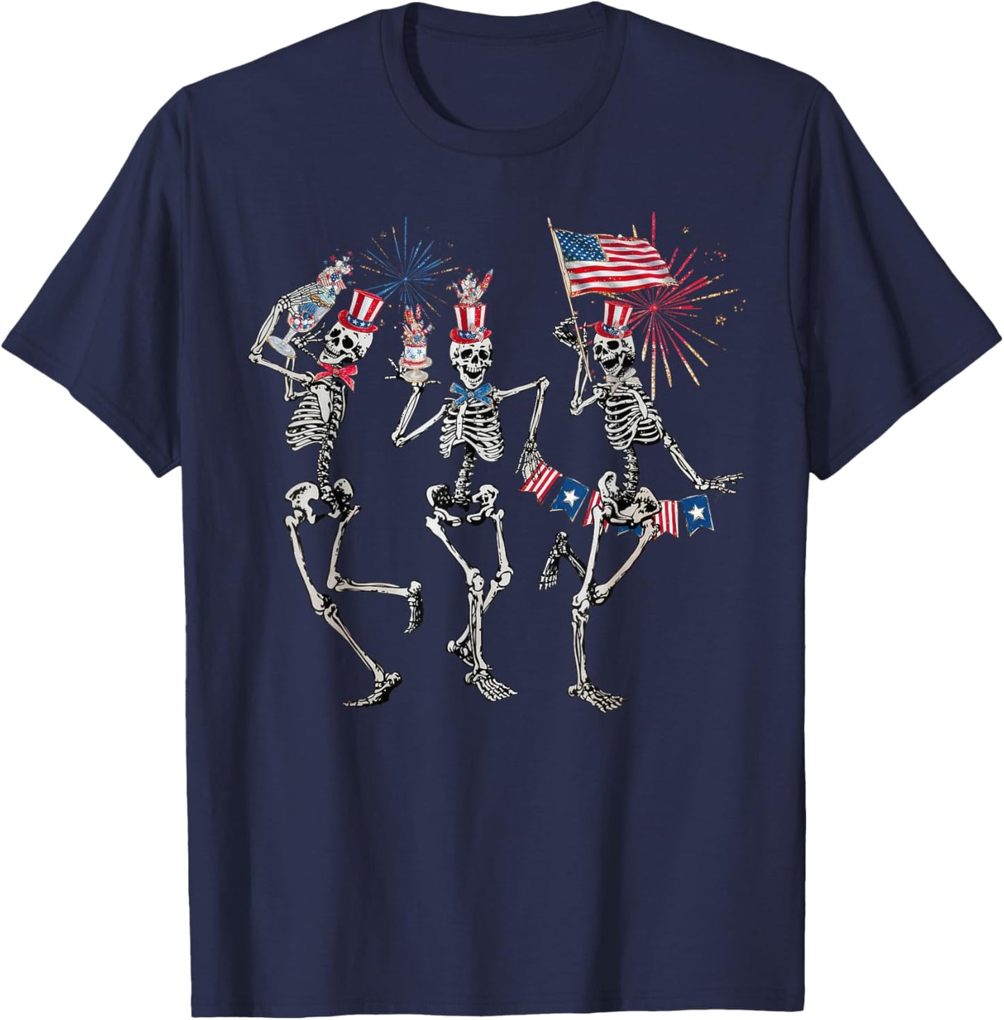 Dancing Skeleton US Flag 4th Of July Fireworks Patriotic Women Men T-Shirt - T-Shirt | Navy