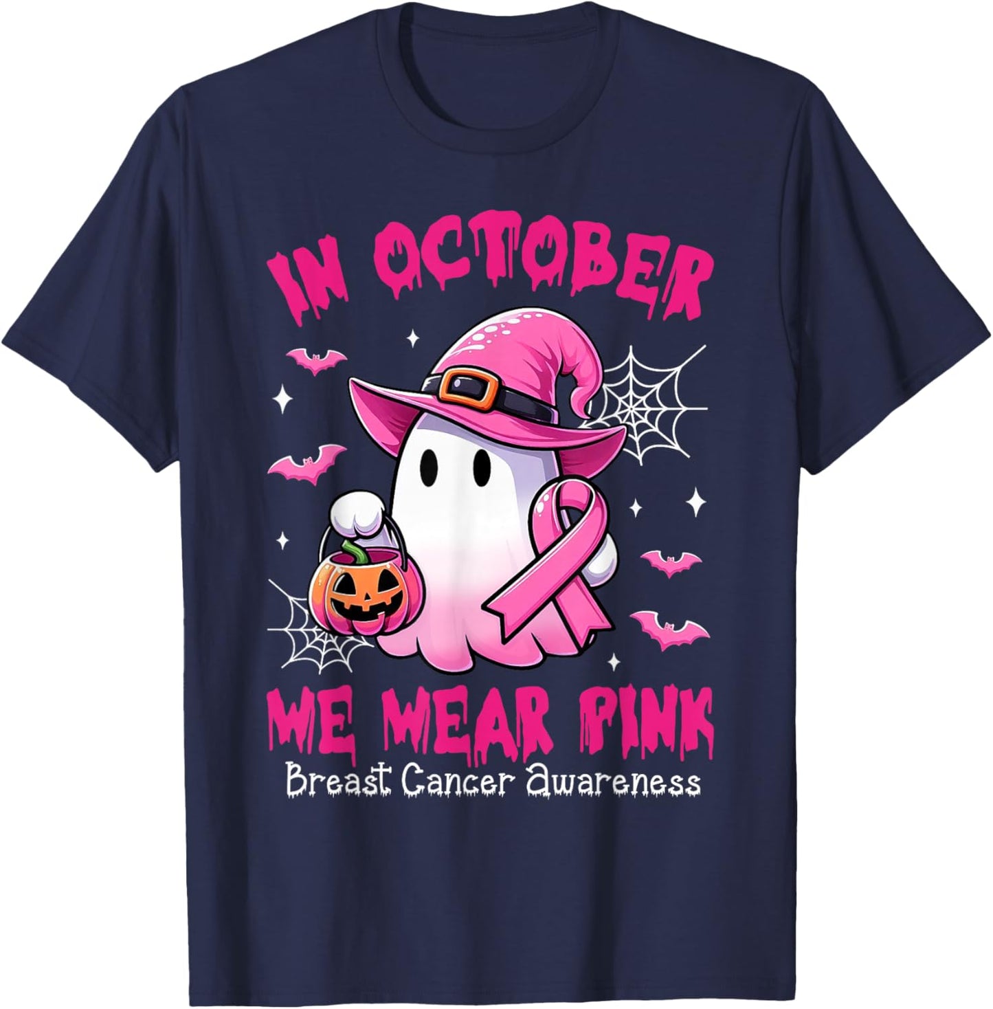 In October We Wear Pink Ghost Witch Breast Cancer Awareness T-Shirt - T-Shirt | Navy