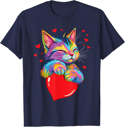 Valentines Day Cat And Love Heart Women Girls Cats Lover T-Shirt - T-Shirt | Navy