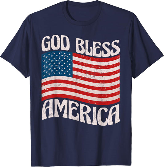 God Bless America Patriotic American Flag Happy 4th Of July T-Shirt - T-Shirt | Navy