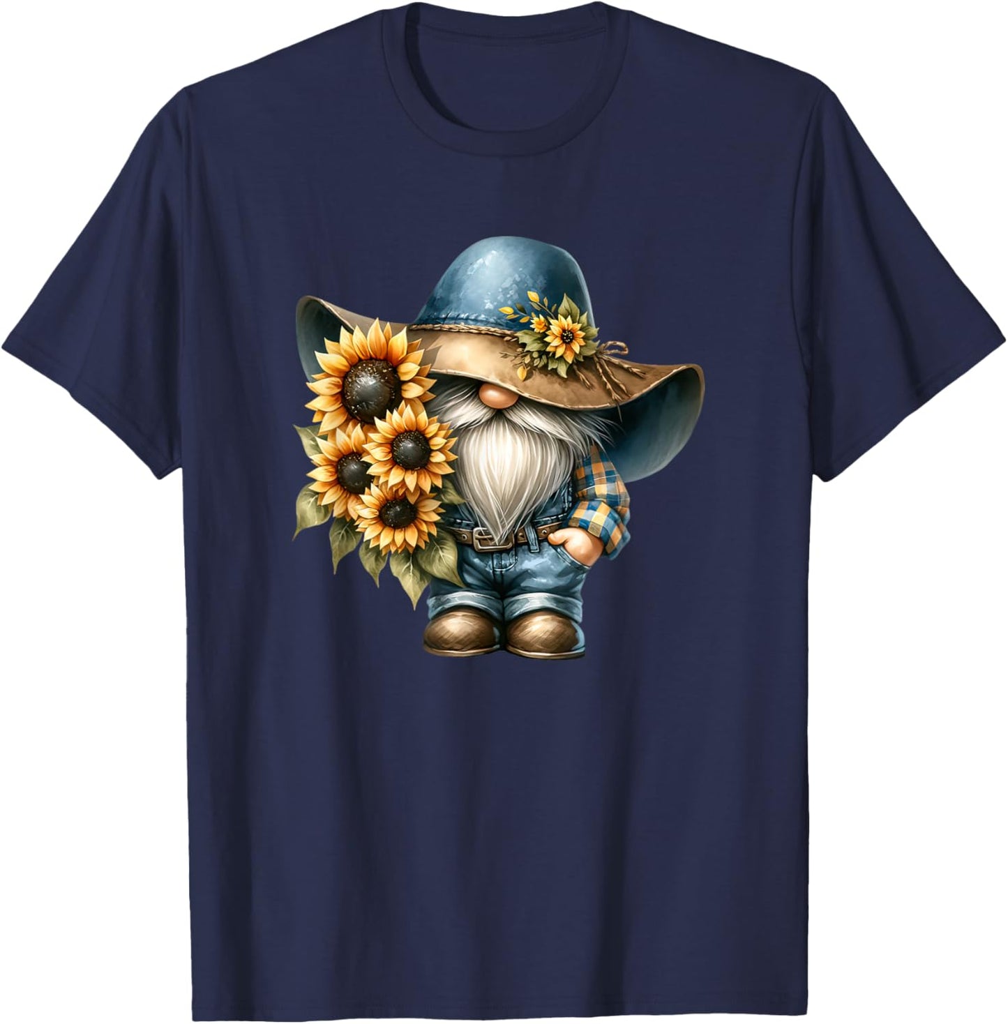 Cute Sunflower Gnome Graphic And Hippies Floral T-Shirt - T-Shirt | Navy