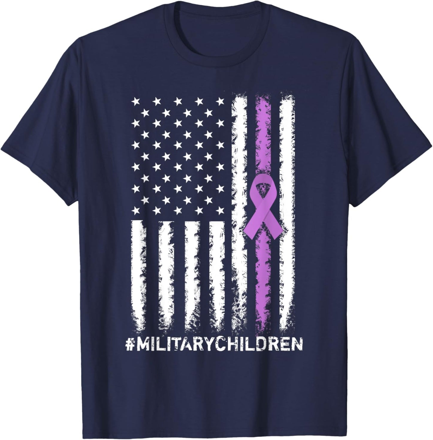 USA Flag Ribbon, Purple Up! Month for Military Children Kids Men T-Shirt - T-Shirt | Navy