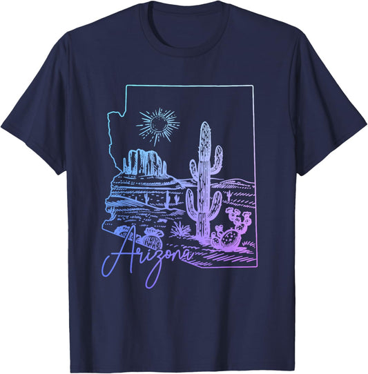 Arizona Cactus Vintage State Map T-Shirt - T-Shirt | Navy