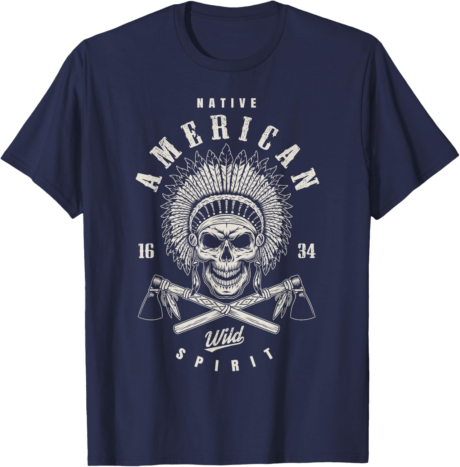 Native American Chief Skull with Axe and Feather Headpiece T-Shirt - T-Shirt | Navy