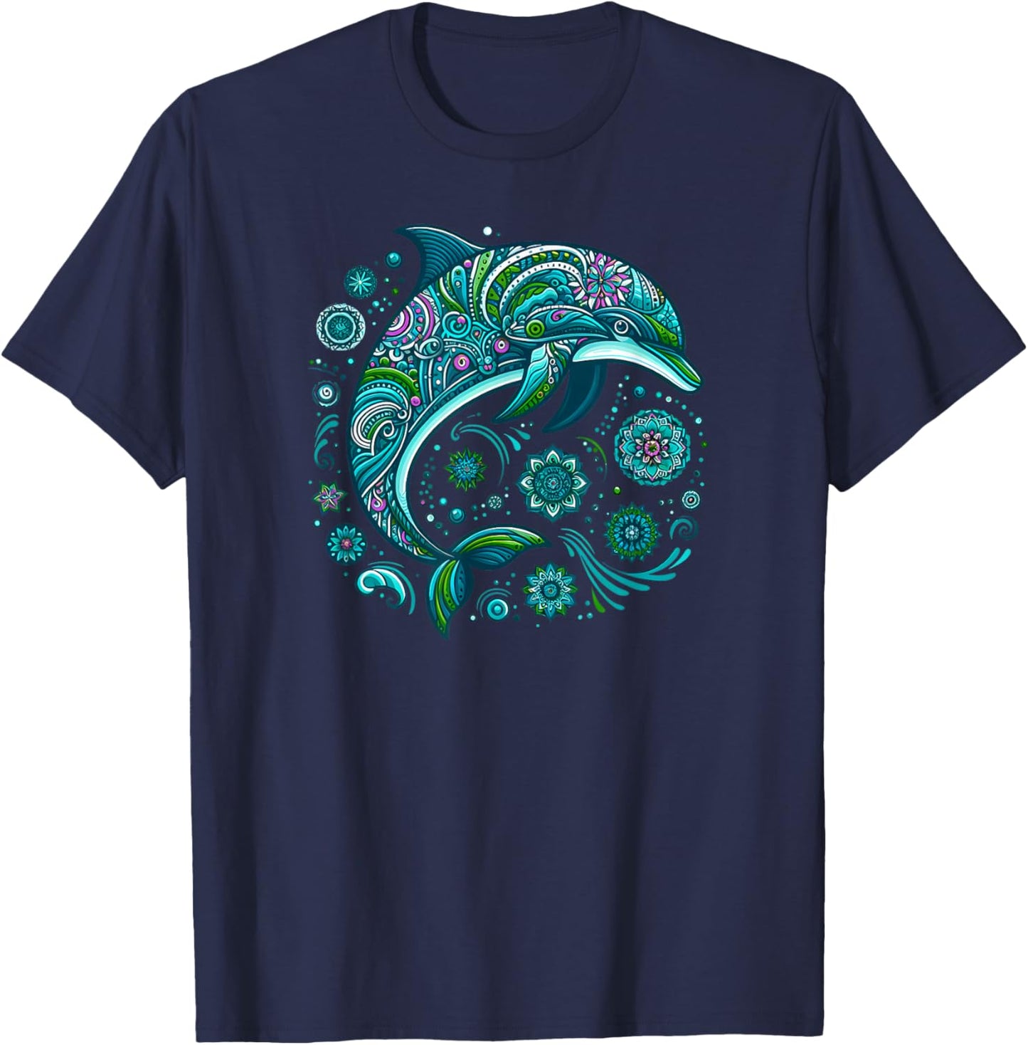 Mandala Türkis Blau Zen Delfin T-Shirt - T-Shirt | Navy