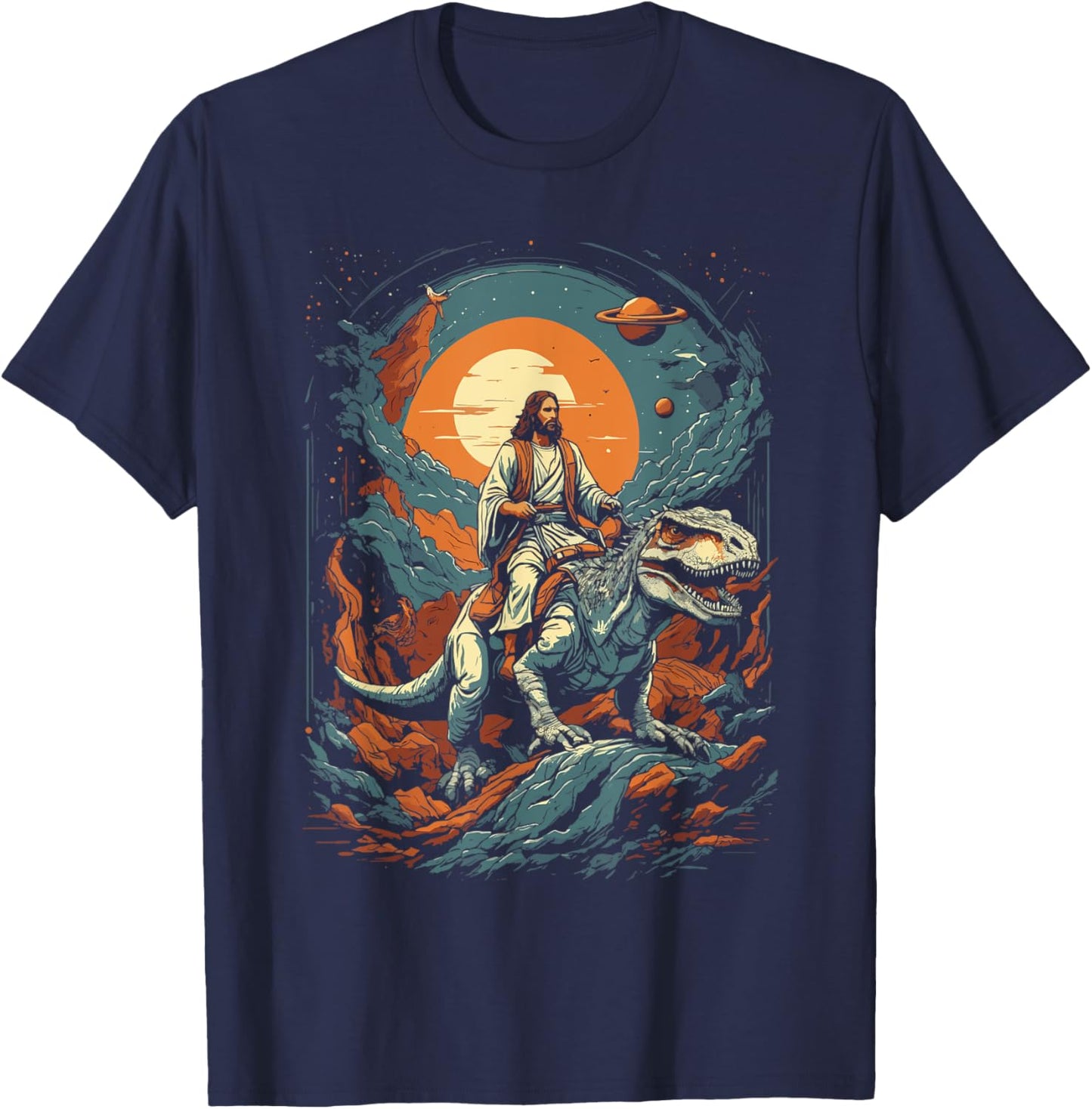 Jesus Riding in Space T-Rex Dinosaur Meme Sci-Fi Believers T-Shirt - T-Shirt | Navy