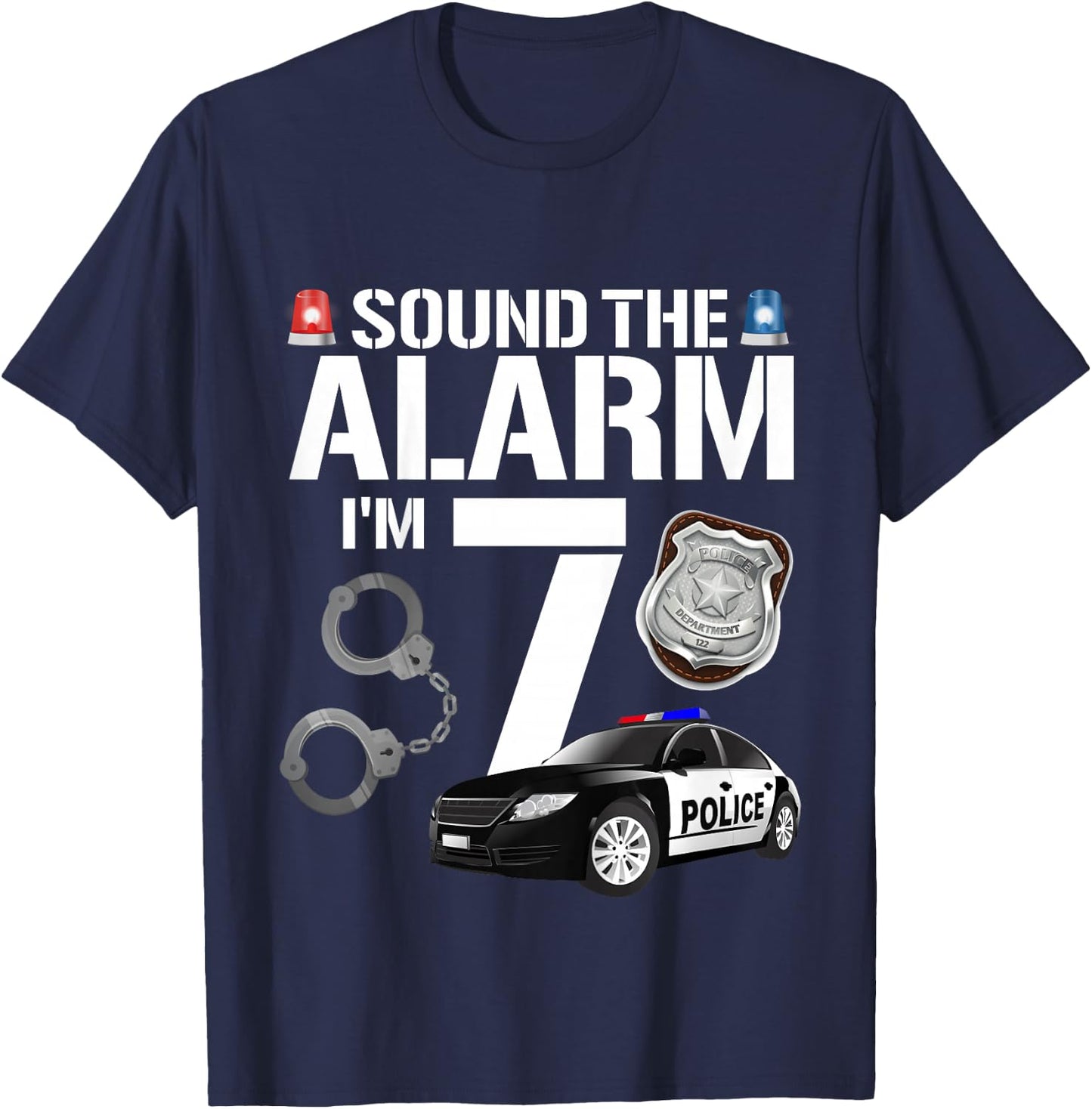 Kids 7 Year Old Police Birthday Officer Cop Car 7th Gift Boy T-Shirt - T-Shirt | Navy