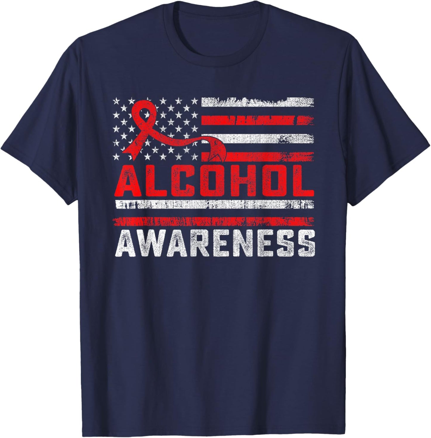 Alcohol Awareness Month American Flag Red Ribbon Women Men T-Shirt - T-Shirt | Navy