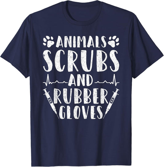Veterinary Assistant Animals Scrubs And Rubber Gloves T-Shirt - T-Shirt | Navy