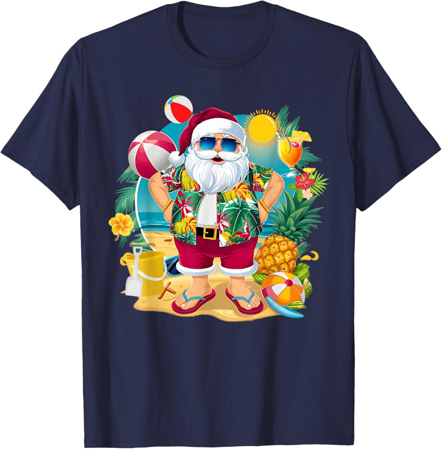 Santa Christmas in July on Beach Hawaiian Summer Vacation T-Shirt - T-Shirt | Navy