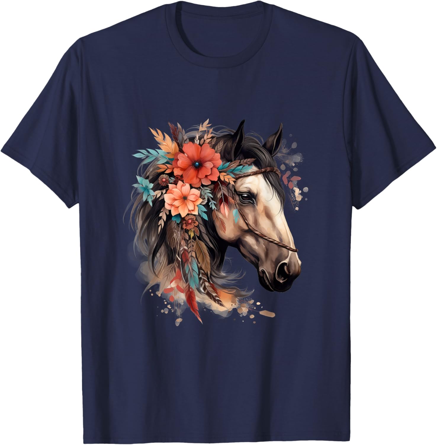 Floral Wild Horse Country Horse Riding T-Shirt - T-Shirt | Navy