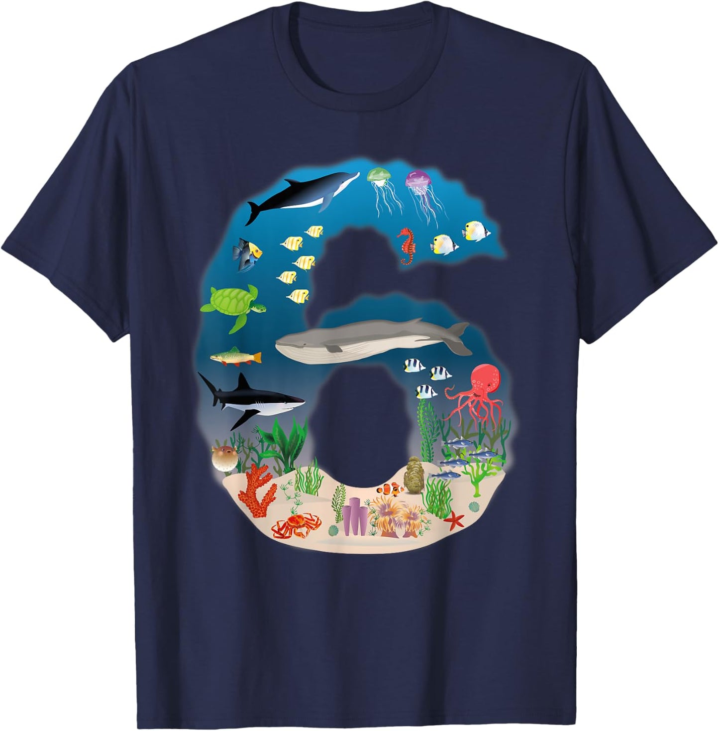 Under The Sea REALISTIC Fish Starfish Sixth number 6 T-Shirt - T-Shirt | Navy