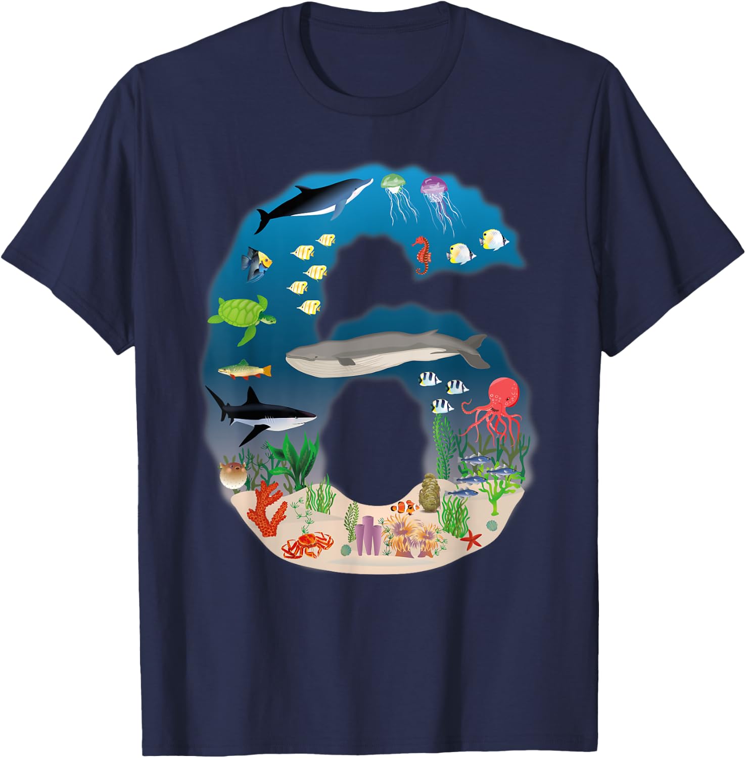 Under The Sea REALISTIC Fish Starfish Sixth number 6 T-Shirt - T-Shirt | Navy