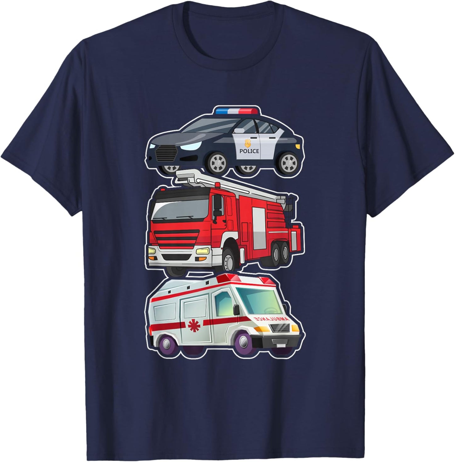 Police Car Fire Truck Ambulance First Responders Design T-Shirt - T-Shirt | Navy