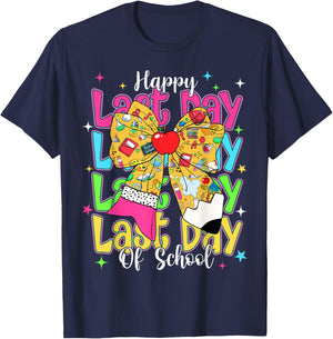 Happy Last Day Of School Pencil Coquette Bow Teacher Kids T-Shirt - T-Shirt | Navy