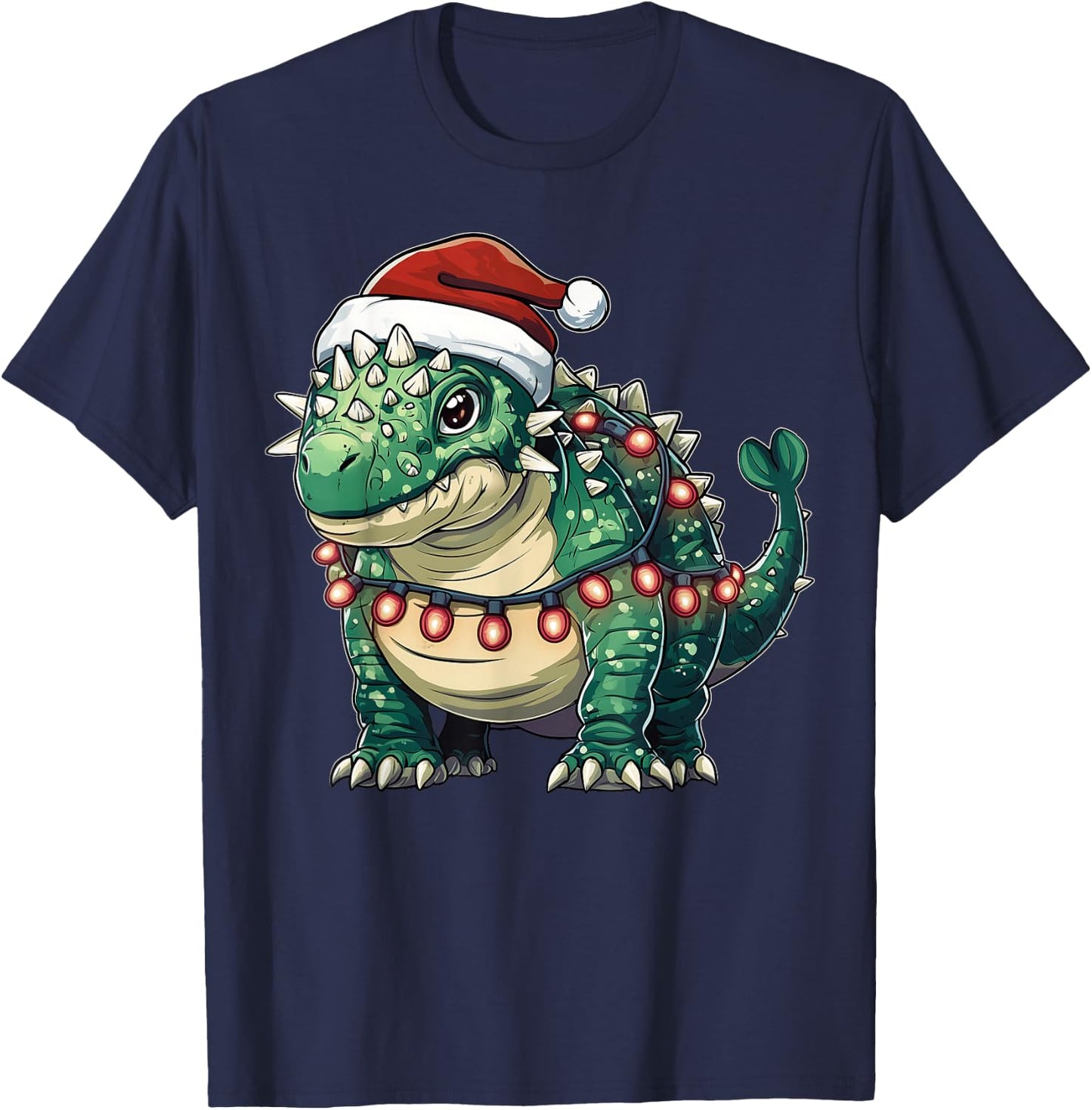 Ankylosaurus Dinosaur Christmas - -Adults/Kids - Red - Short Sleeve - U-Neck - Small - Christmas Dinosaur T-Shirt - T-Shirt | Navy