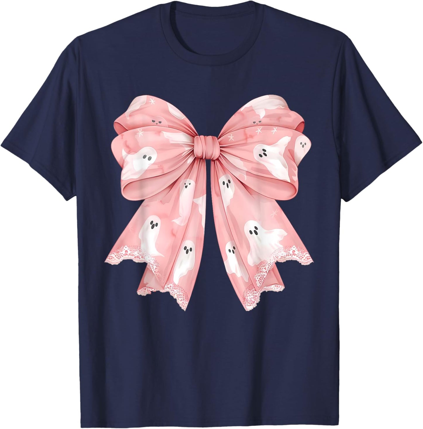 Pink Ghost Bow Coquette Halloween Spooky Season Girls T-Shirt - T-Shirt | Navy