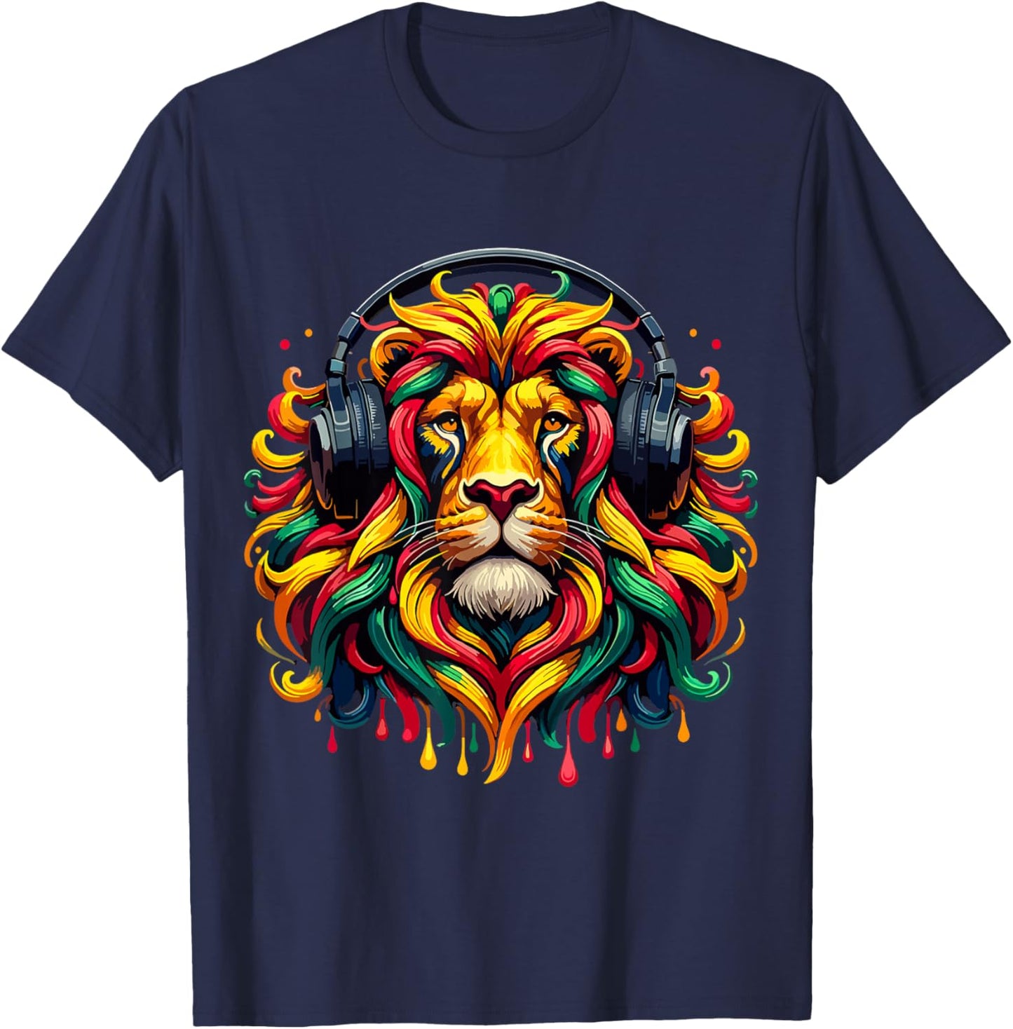 Rasta Reggae Music Headphones Jamaican Lion Of Judah T-Shirt - T-Shirt | Navy