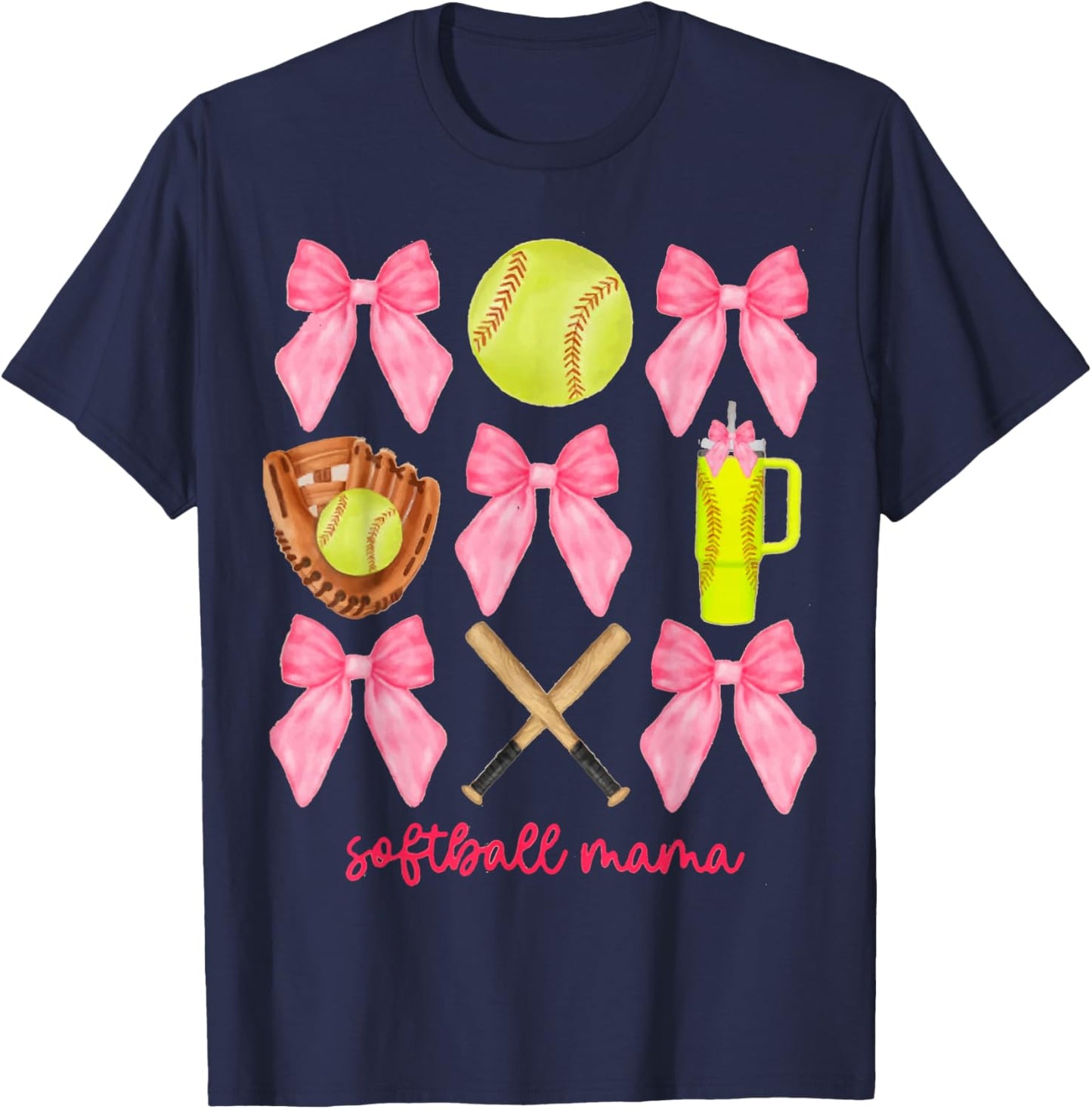 Softball Mama Softball Coquette Bow T-Shirt - T-Shirt | Navy