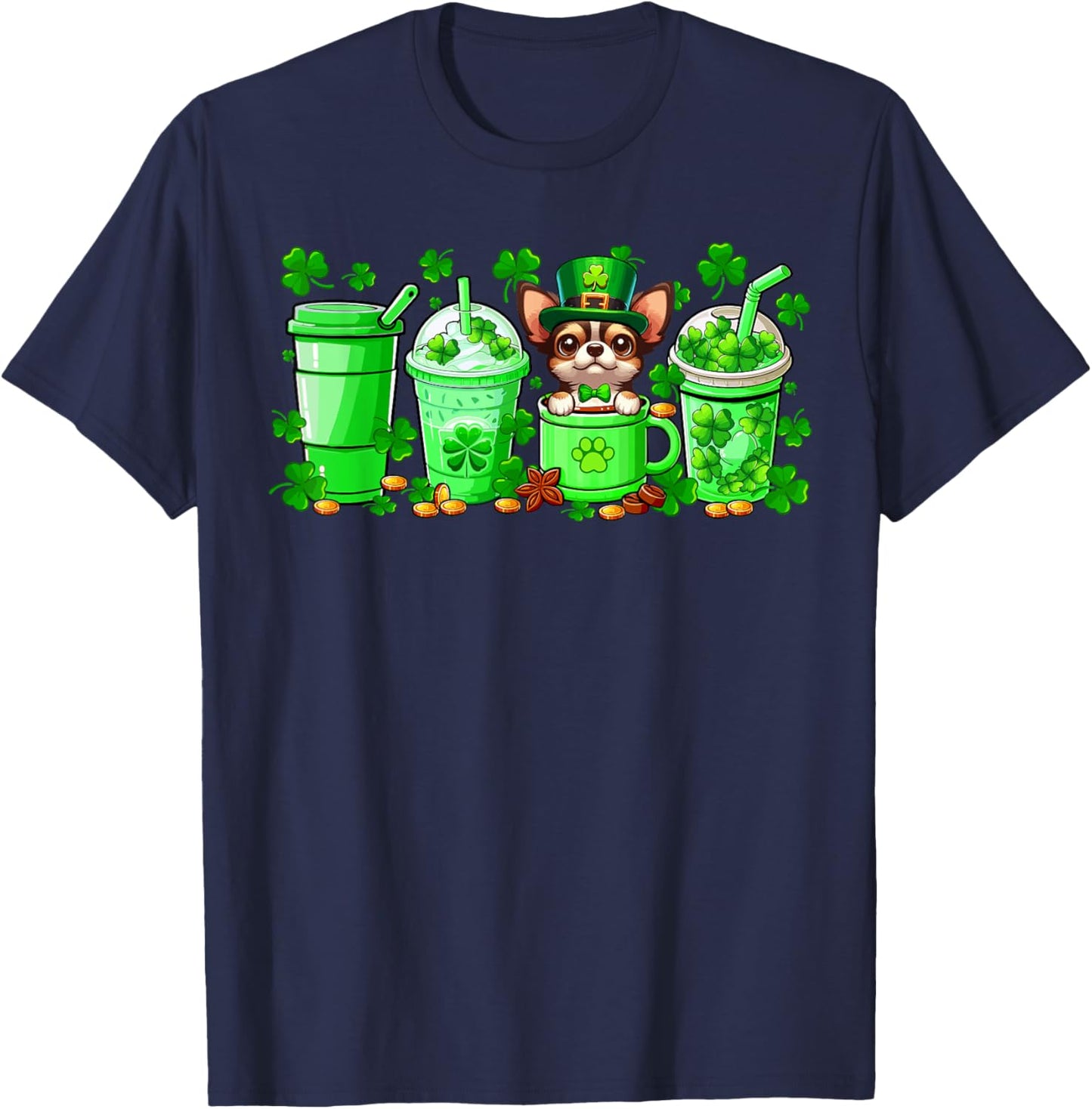 Chihuahua Inside Cup Coffees St. Patrick's Day Shamrocks T-Shirt - T-Shirt | Navy