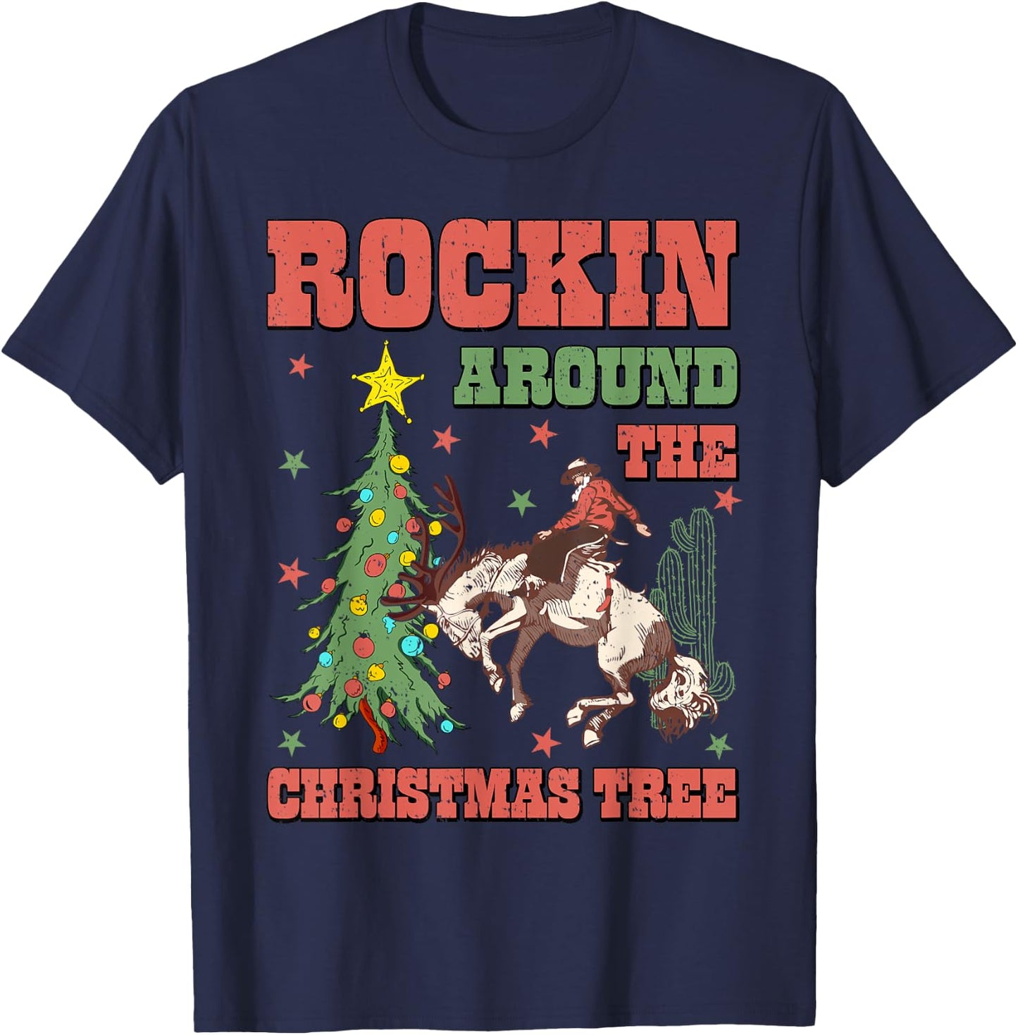 Rocking Around The Christmas Tree Cowboy Riding Horse Xmas T-Shirt - T-Shirt | Navy