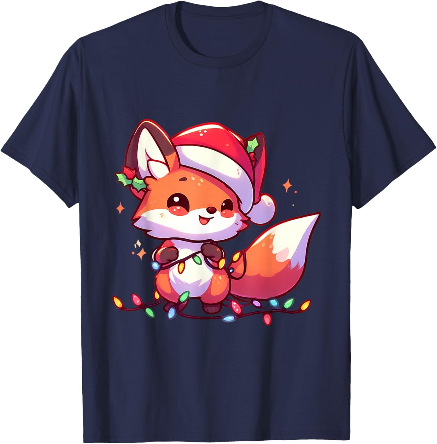 Merry Foxmas Christmas Lights Cute Fox Santa Hat T-Shirt - T-Shirt | Navy