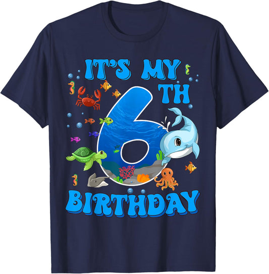 It's My 6th Birthday Party Ocean 6 Years Old Sea Fish B-Day T-Shirt - T-Shirt | Navy
