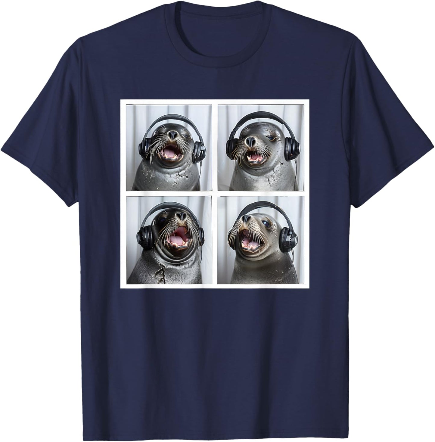 Seal Wearing Headphones Animal Music Sea Lion Singing Seal T-Shirt - T-Shirt | Navy