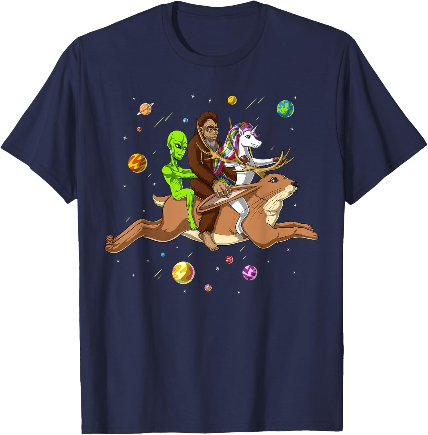 Alien Bigfoot Unicorn Riding Jackalope Cryptozoology Cryptid T-Shirt - T-Shirt | Navy