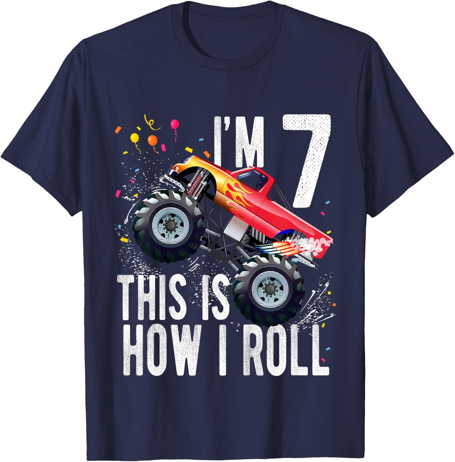 Kids 7 Year Old Shirt 7th Birthday Boy Monster Truck Car T-Shirt - T-Shirt | Navy