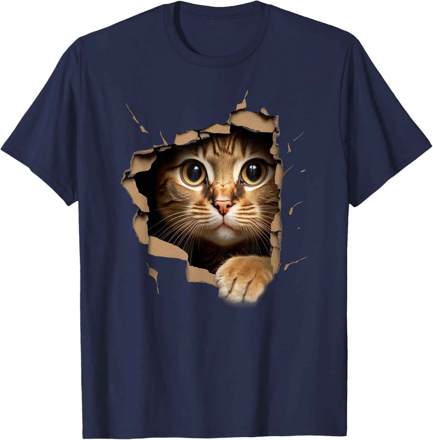 Cute Kitten Looks from Torn Fabric - Cats Small T-Shirt - T-Shirt | Navy