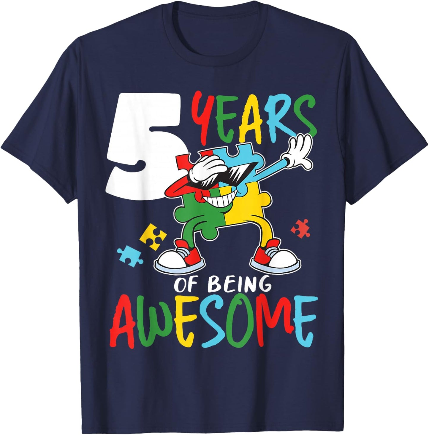 5 Year Old Birthday Autistic Boy Girl Autism Awareness T-Shirt - T-Shirt | Navy