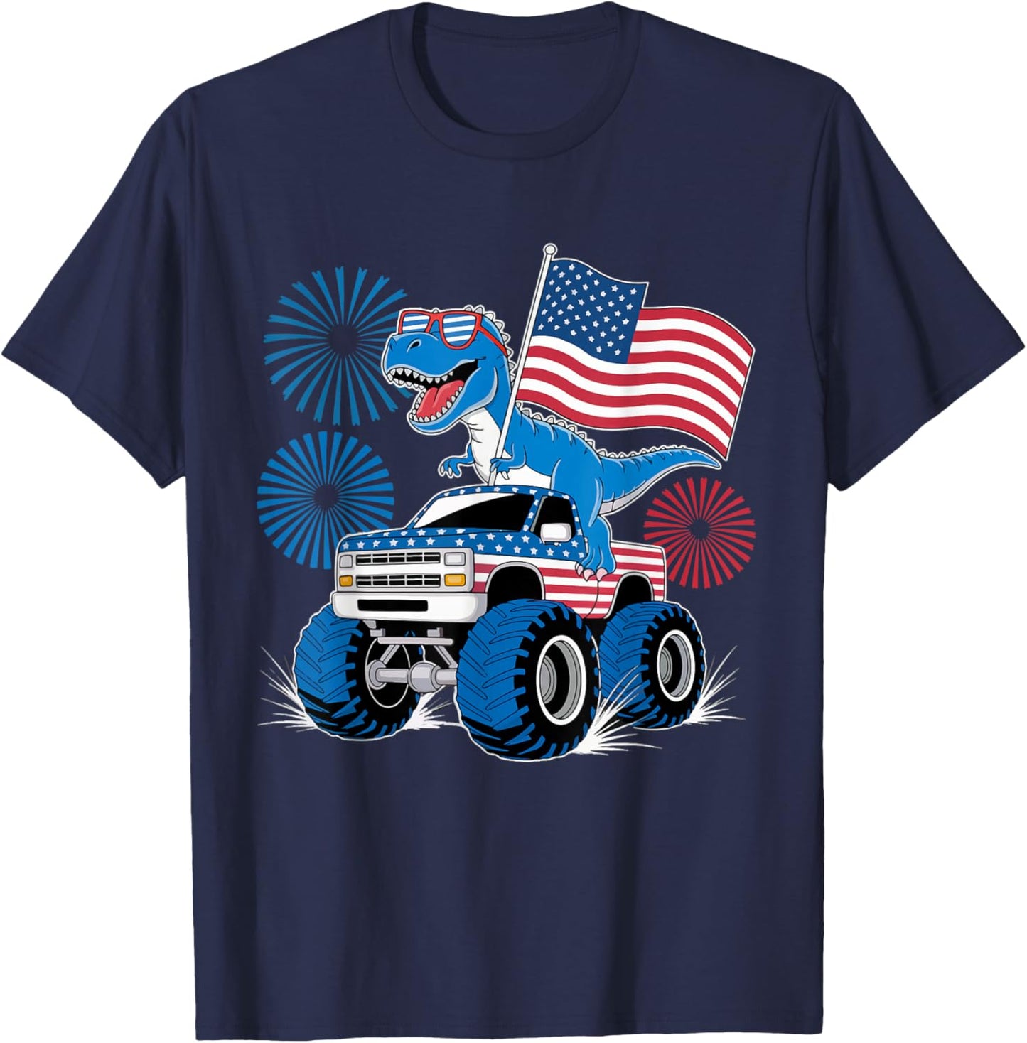 Dinosaur 4th Of July T Rex Dinosaur Monster Truck Dino T-Shirt - T-Shirt | Navy