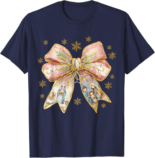 Jesus Christmas Coquette Bow Nativity Scene Christian Women T-Shirt - T-Shirt | Navy