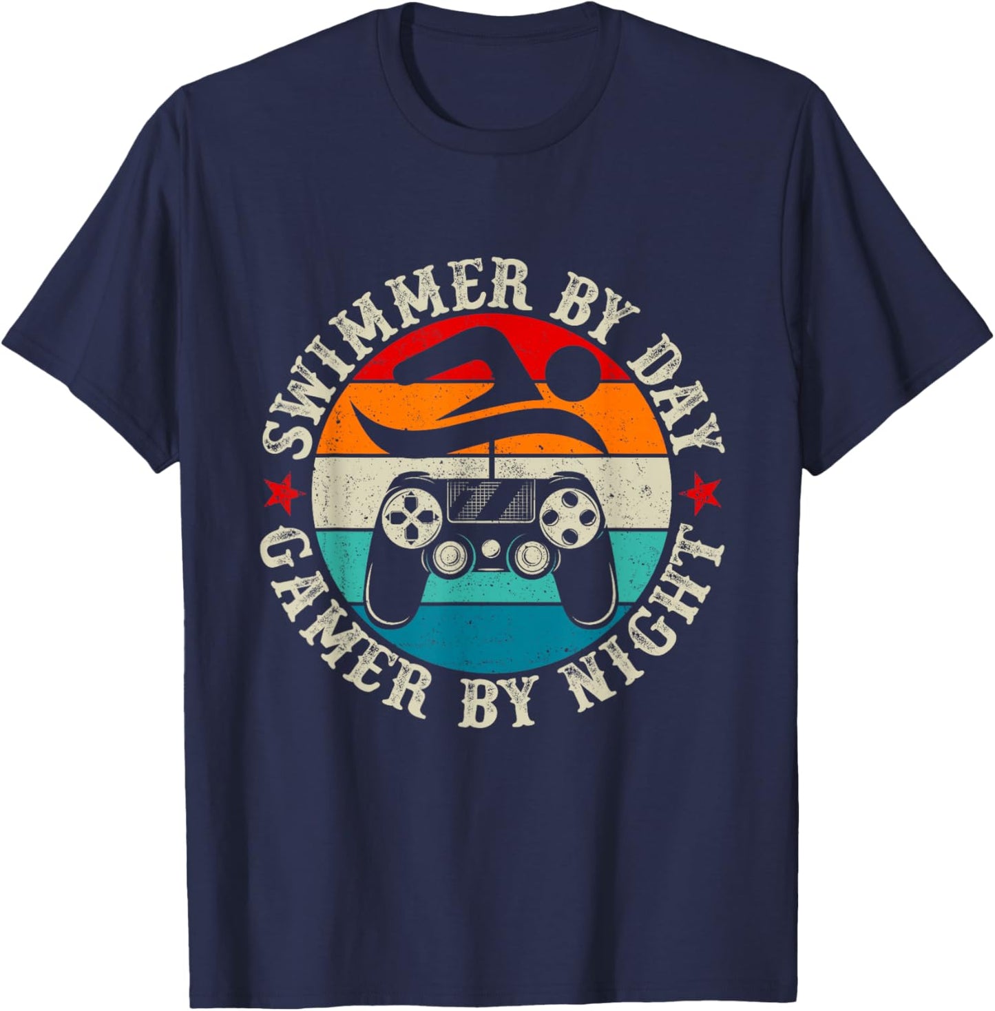 Swimmer By Day Gamer By Night Swimming Funny Video Gamer T-Shirt - T-Shirt | Navy