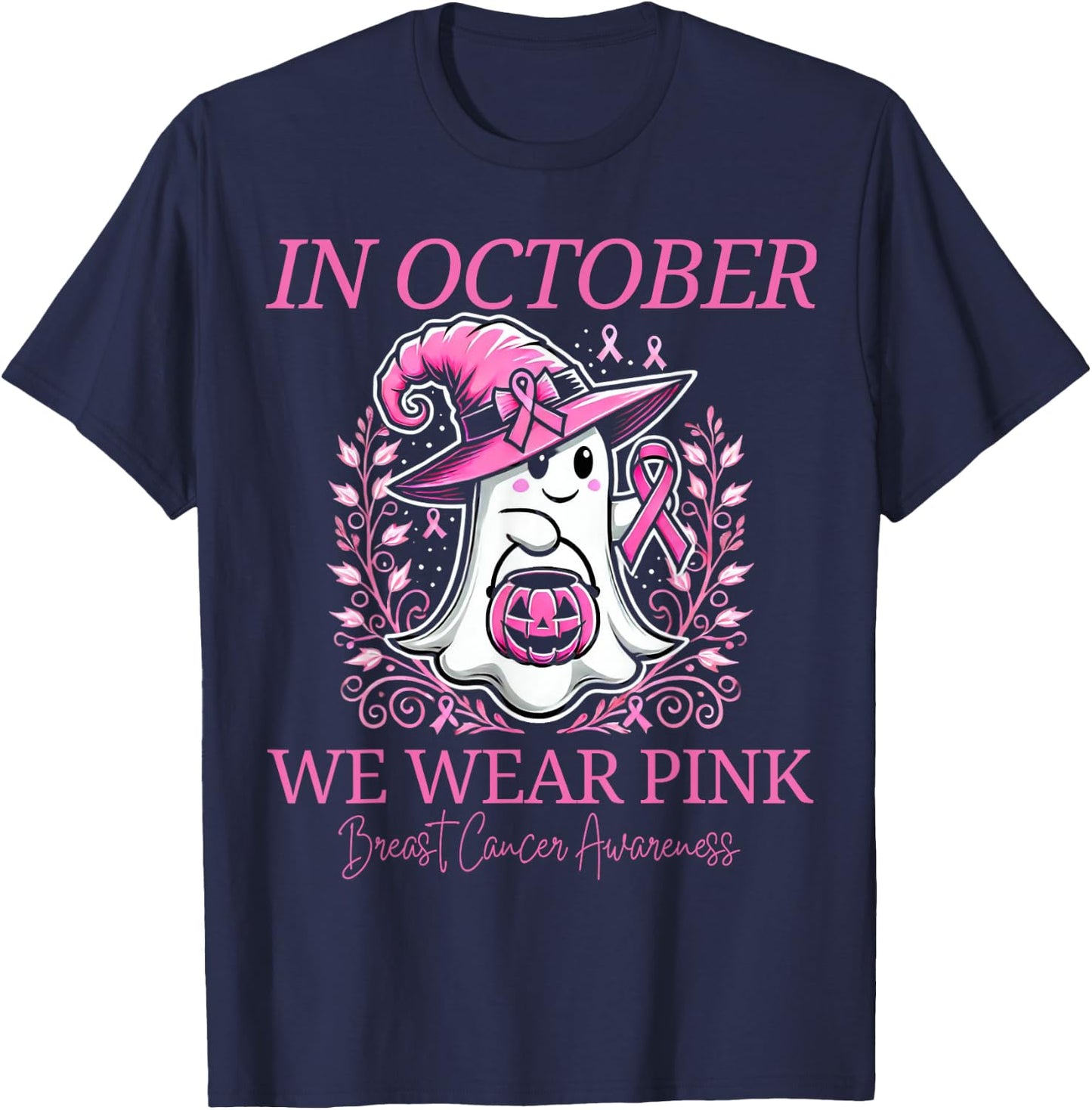 Pink Ghost October Breast Cancer Awareness Halloween T-Shirt - T-Shirt | Navy